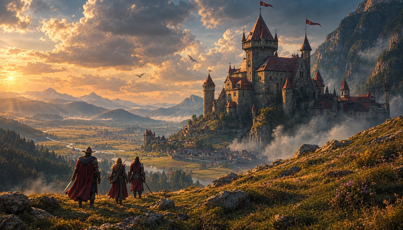A castle above a valley at sunset, three adventurers on the hill in front